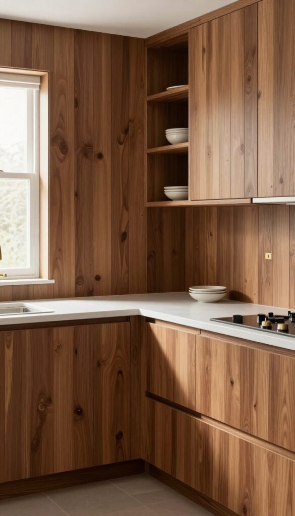 Warm wood shiplap splashback in a kitchen with white countertops and brass fixtures