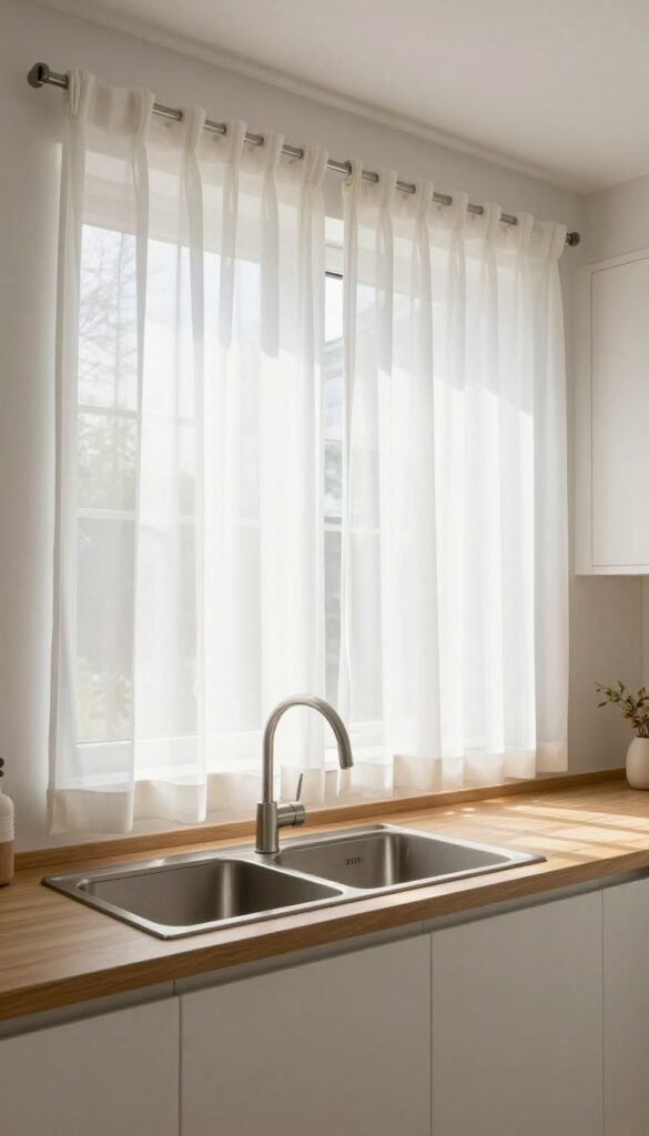 Sheer white curtains above kitchen sink filtering soft natural light, airy and private.