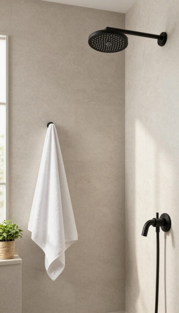 A photorealistic bathroom shower with neutral-toned textured wall panels under bright natural light, showcasing matte black fixtures and minimal decor to create a modern, inviting space.