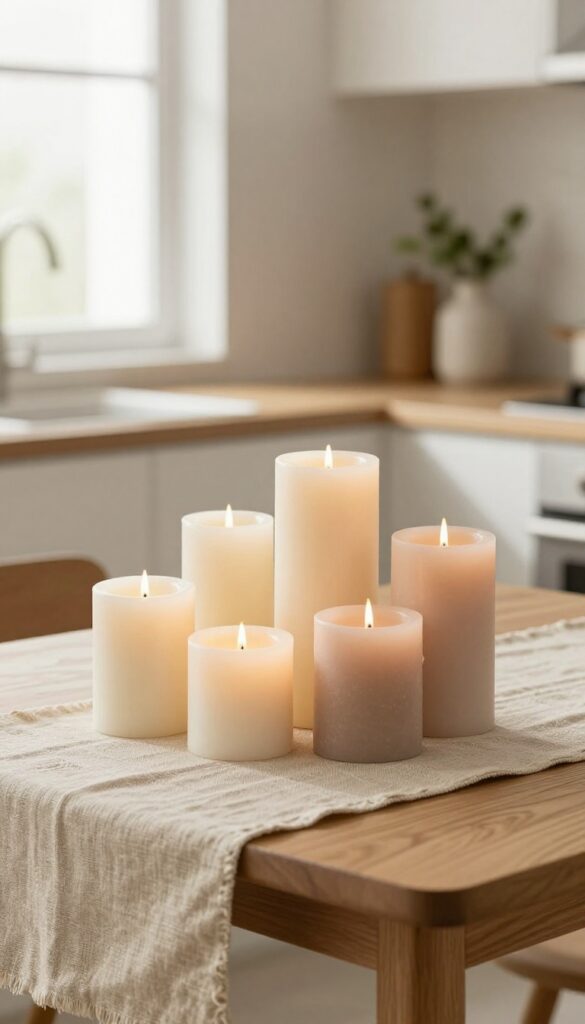 A cluster of small pillar candles on a linen runner on a kitchen table
