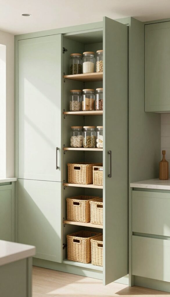 Pull-out pantry tower beside refrigerator with neatly organized shelves