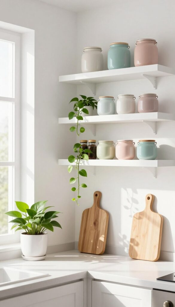 Floating corner shelves in a kitchen with ceramic jars, a trailing plant, and spice jars, bathed in natural light.