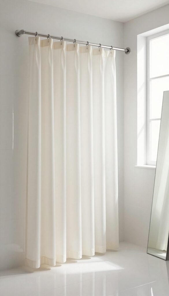 A clear acrylic shower curtain rod in a bright, minimalist bathroom with natural light and reflective surfaces, creating an open and airy atmosphere.