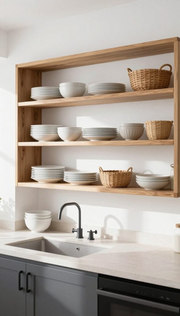 Open shelving in warm wood tones in a bright kitchen with white dishes and woven baskets