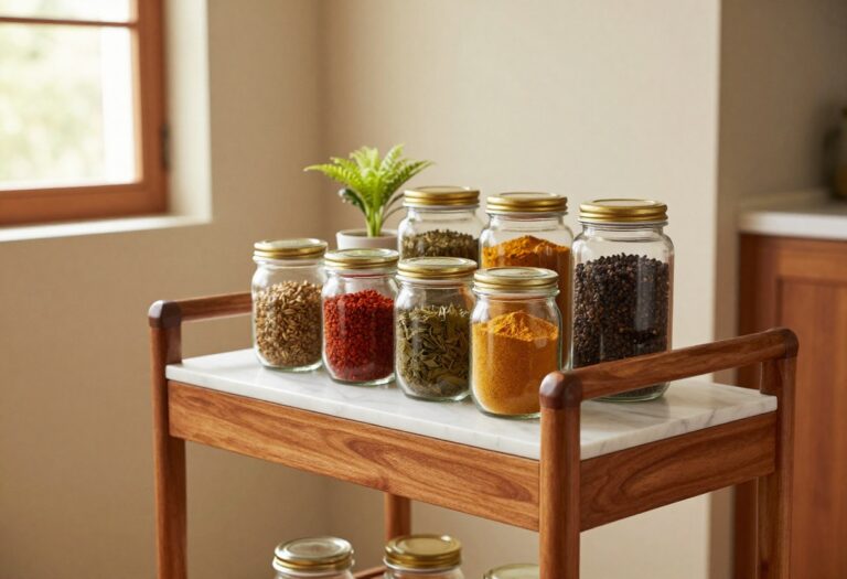 Polished wooden kitchen trolley with marble top in a warm Indian kitchen