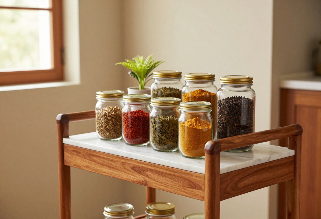 Polished wooden kitchen trolley with marble top in a warm Indian kitchen