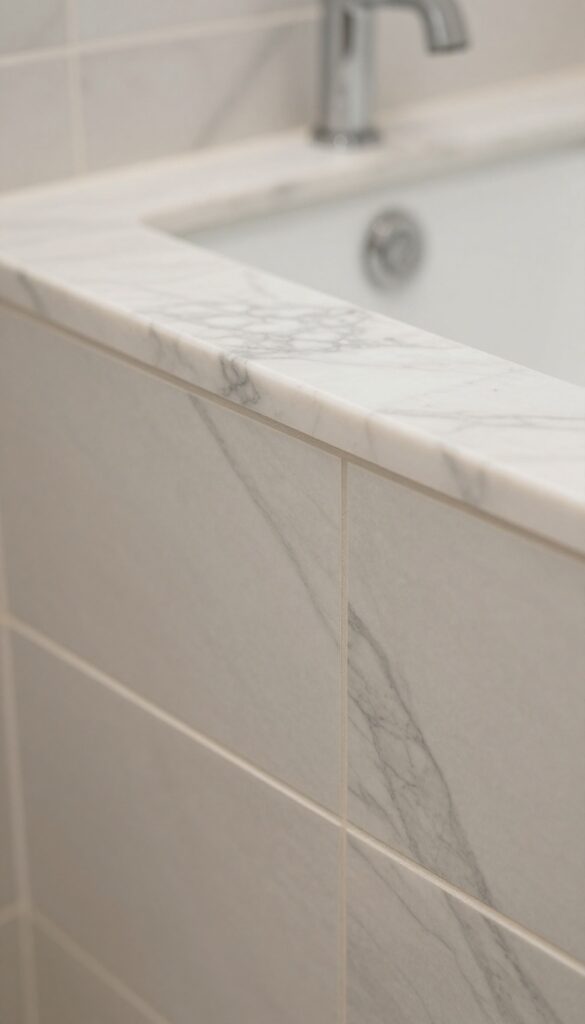 Close-up of a shower curb with marble inlays on a simpler tile base, showcasing elegant detail in a bright bathroom setting.