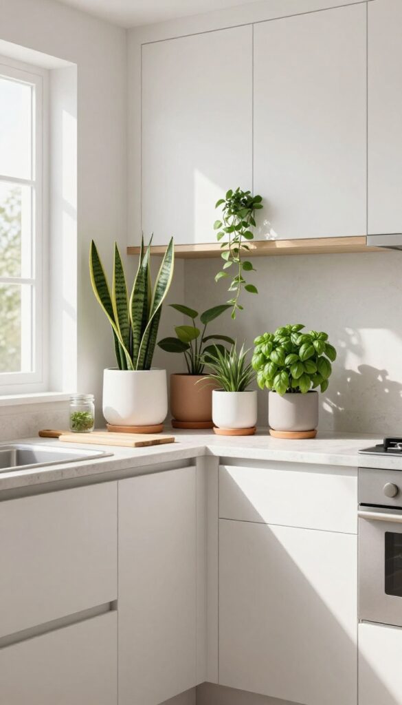 Neutral kitchen with greenery in ceramic planters on open shelf