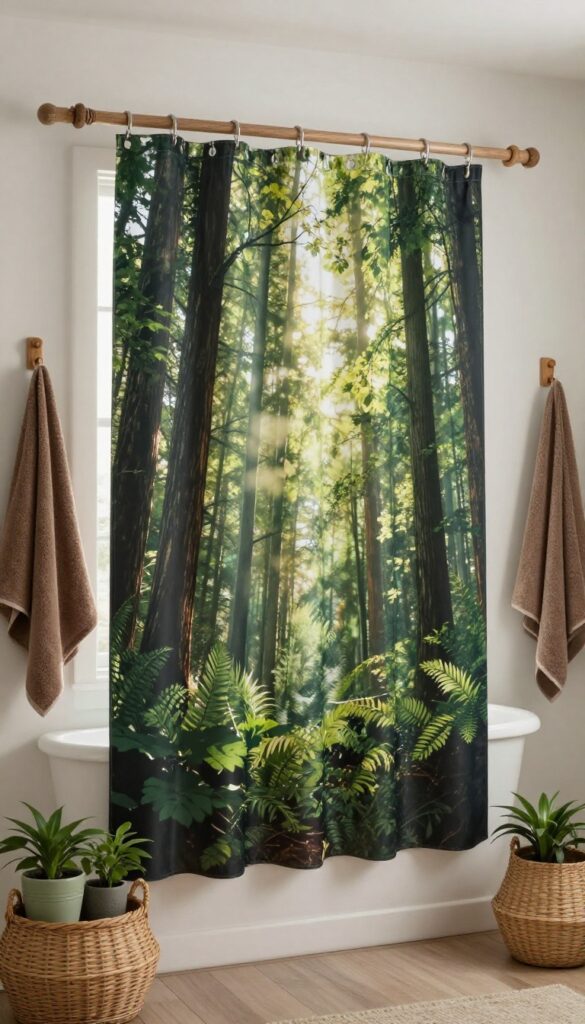 Custom printed shower curtain with a forest scene in a rustic bathroom, featuring natural light, wooden accessories, and minimal decor for a peaceful retreat.