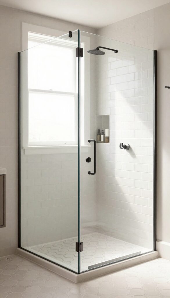 A frameless glass shower door in a farmhouse bathroom with subway tiles and hexagon flooring, showcasing a spacious and polished look under natural light.