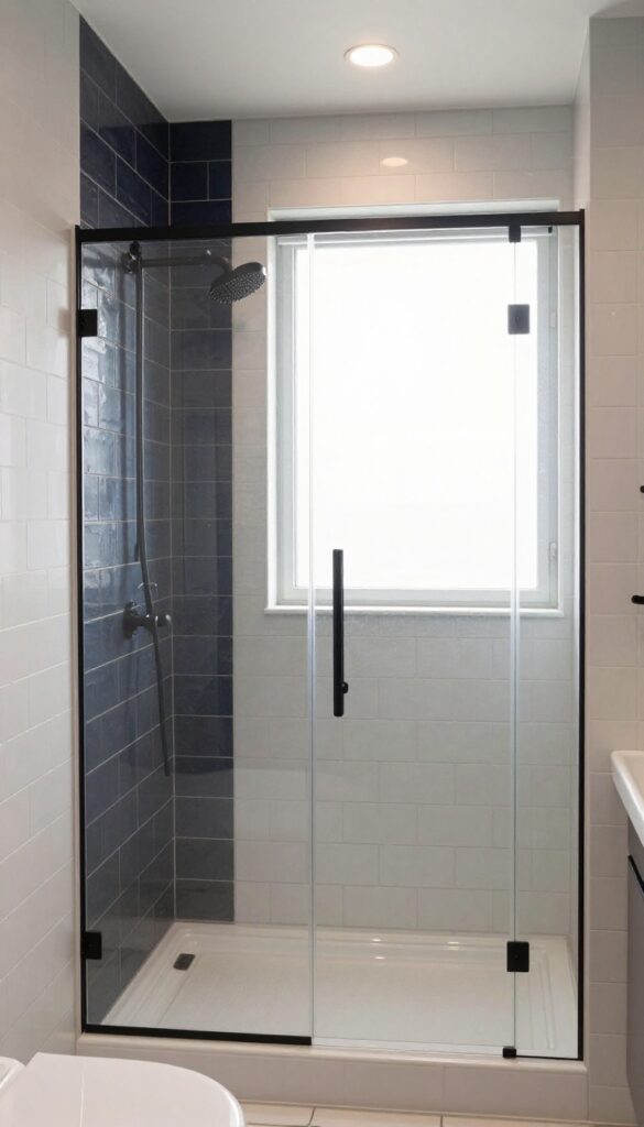 Subway tile shower with dark navy accent wall, matte black fixtures, and natural light in a modern bathroom