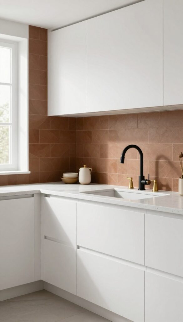 Brown herringbone tile backsplash in a white kitchen with brass fixtures