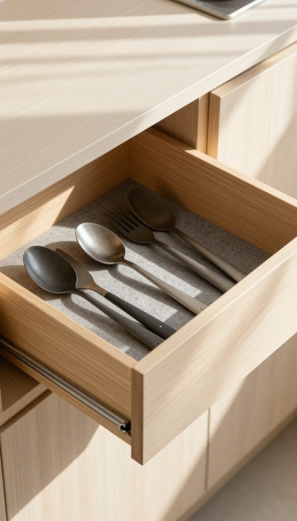 Open kitchen drawer with cutlery on charcoal felt liner