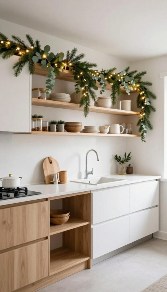A kitchen with open shelving decorated with a greenery garland and fairy lights.