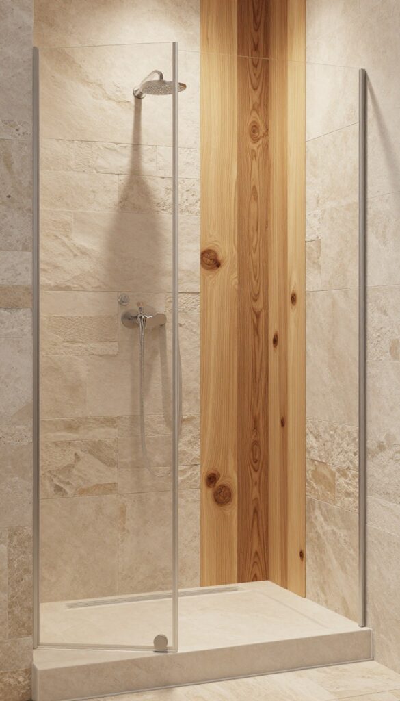 A photorealistic bathroom shower with mixed stone and wood elements in natural light.