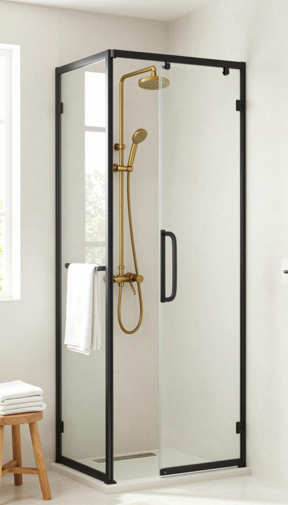 A polished bathroom shower stall with matte black or brass fixtures against light tiles, showcasing modern home decor inspiration in natural light.