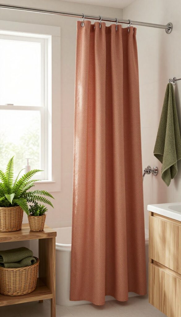 A serene bathroom with an earthy-toned natural fiber shower curtain, woven baskets, and potted plants in soft natural light.