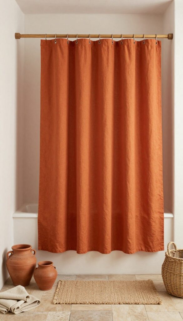A rustic bathroom with a burnt orange canvas shower curtain, wooden rings, terracotta pots, and woven baskets in natural light.