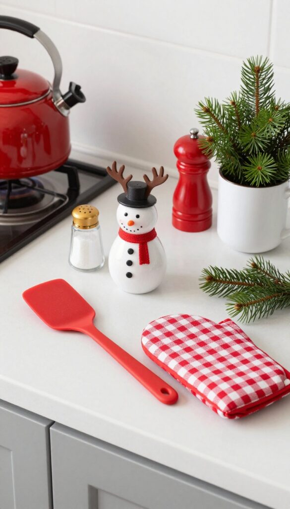 Kitchen counter with Christmas-themed accessories including red spatula, snowman trivet, reindeer shakers, red kettle, plaid oven mitt, and evergreen sprig in mug.