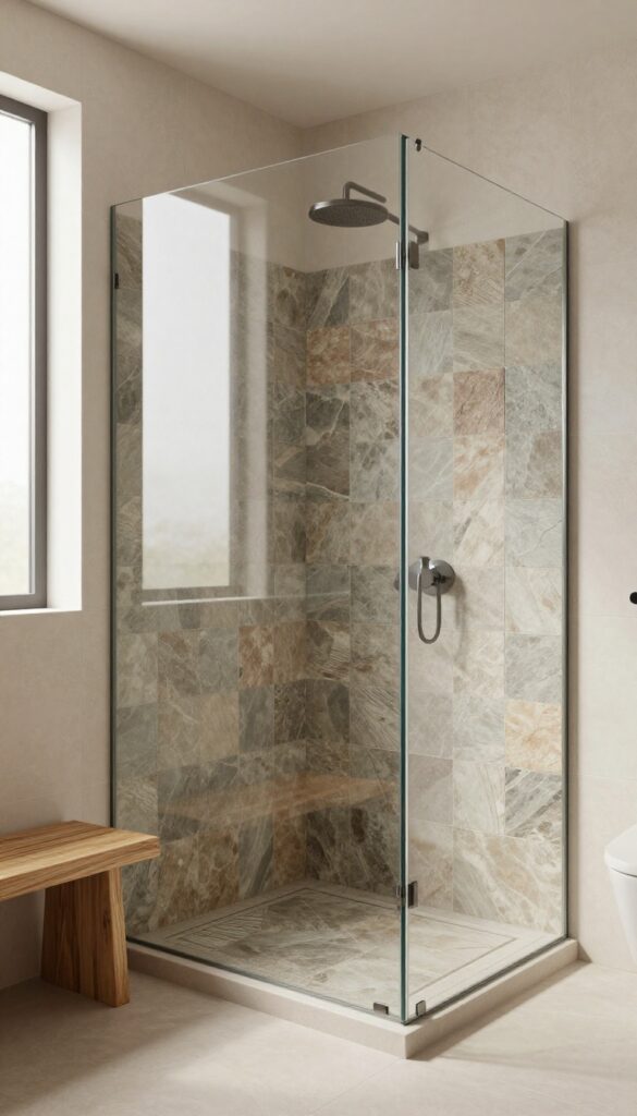 Modern bathroom with natural stone slate shower base, frameless glass enclosure, teak bench, neutral beige walls, bright natural light.