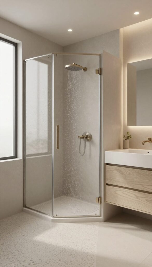 A wet room bathroom with seamless pebble floors extending from the shower to the sink area, showcasing natural stone texture in neutral colors under bright natural light for a spa-like feel.
