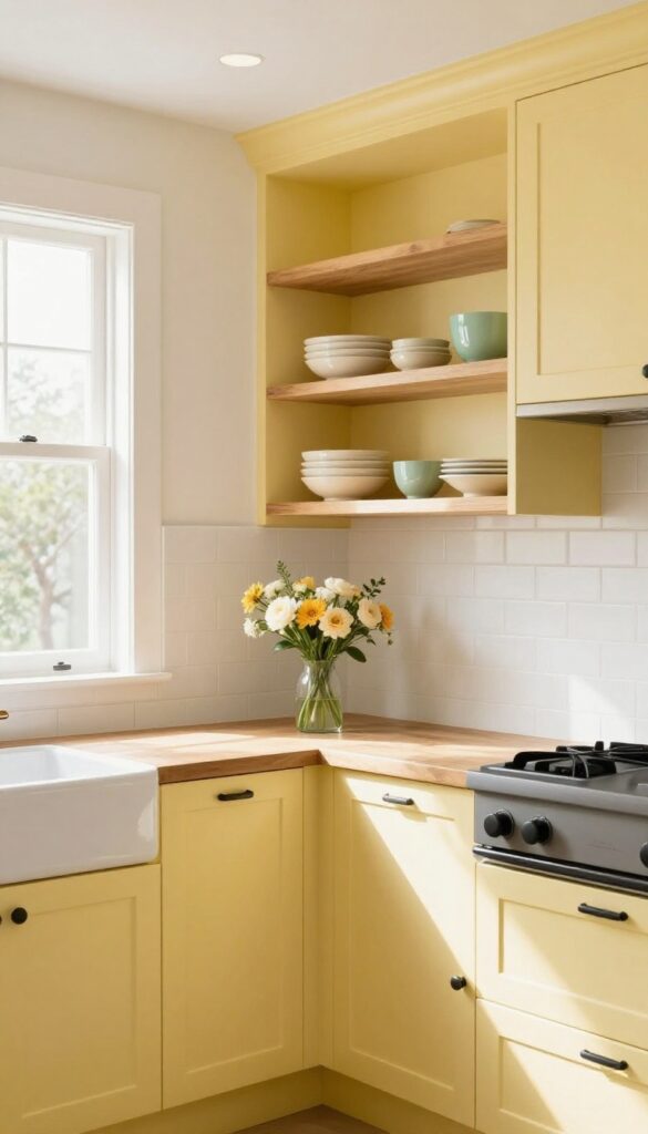 Warm buttercream yellow kitchen cabinets with wood shelves and white subway tile