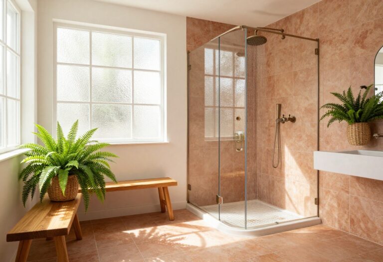 Safari-inspired shower with terracotta tiles, rainfall showerhead, teak bench, and ferns