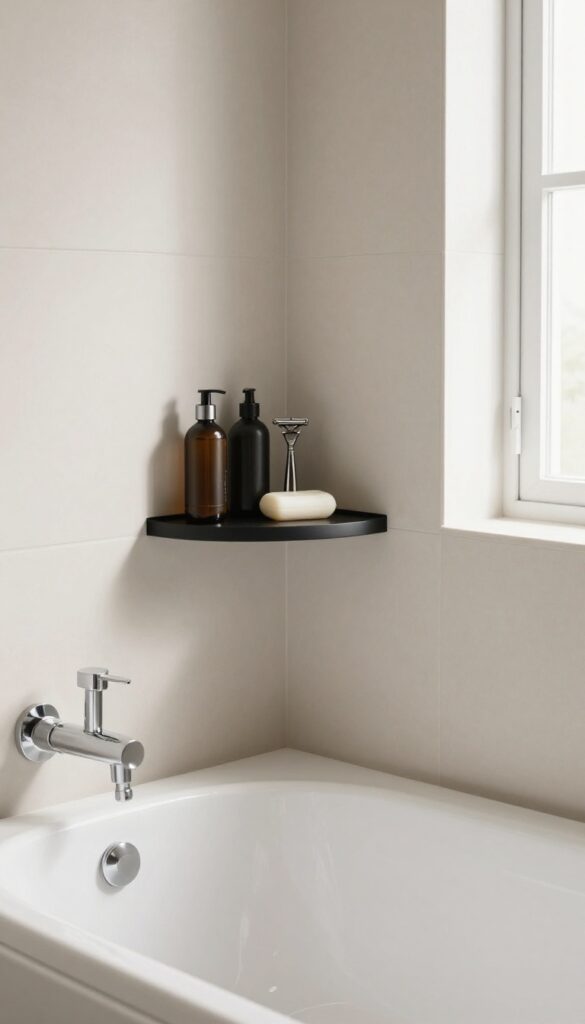 A clean bathroom with a bathtub and shower combo featuring built-in storage in the tub zone to reduce clutter.