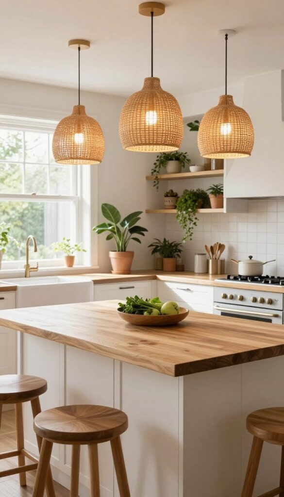 Three woven rattan pendant lights hanging over a wooden kitchen island with herbs and greenery