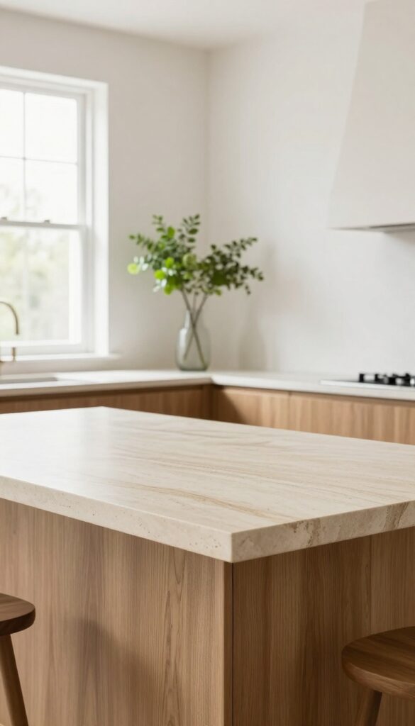 Kitchen island with natural stone accents, warm wood tones, and soft white cabinetry in natural light