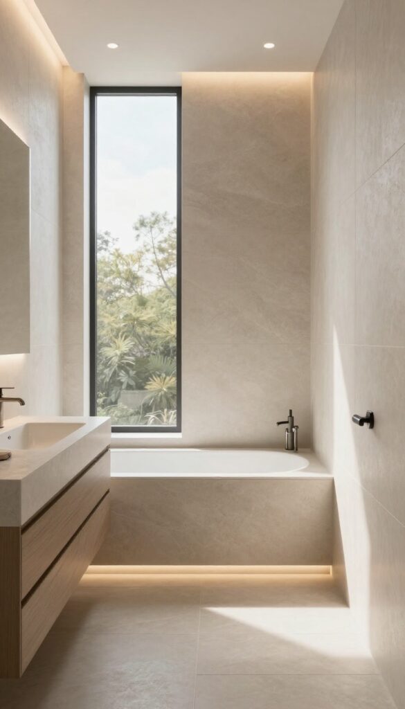 A modern bathroom shower with a window and recessed lighting around it, showcasing soft ambient light blending with natural daylight in a clean, inviting space