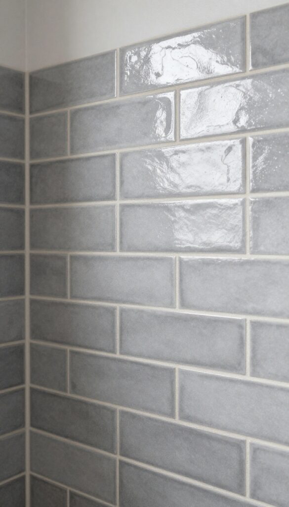 Close-up of charcoal gray subway tiles in a herringbone pattern on a shower wall with light-colored grout, showcasing a textured and elegant design for bathroom inspiration.