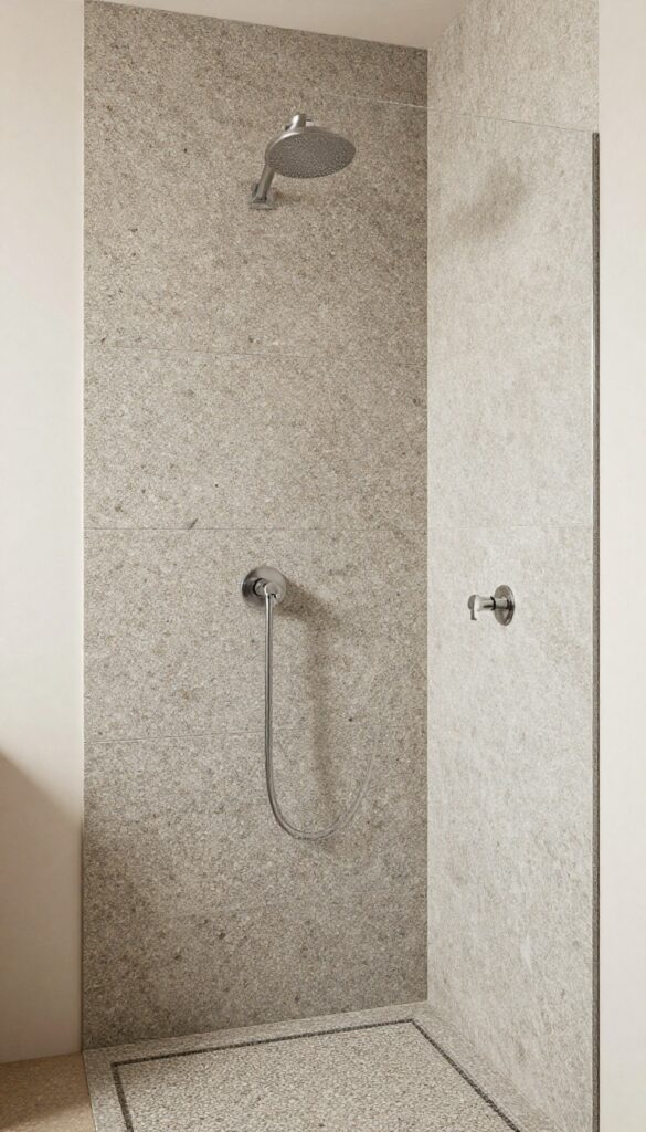 A shower with pebble floors and natural stone walls in earthy tones, designed for a cohesive, spa-like aesthetic.