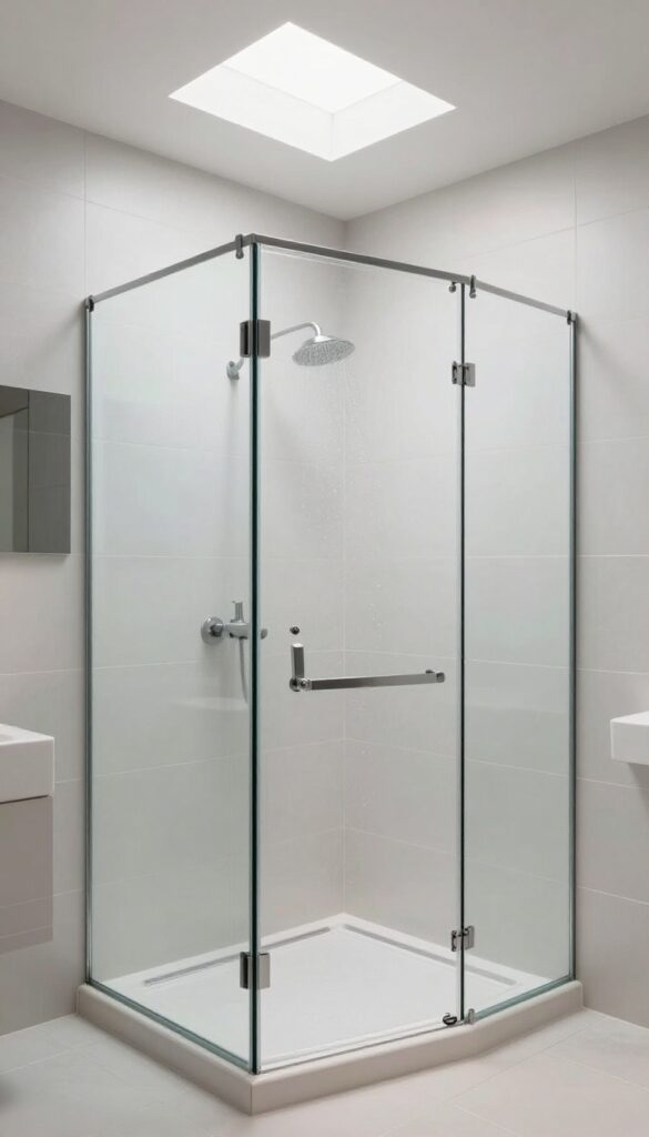 A sleek master bathroom shower with frameless glass and minimalist tile borders, showcasing a clean and elegant design that enhances natural light and creates an open feel.