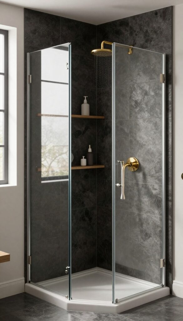 A walk-in shower with dark charcoal tiles, brass fixtures, and natural light for a cozy, modern bathroom upgrade.