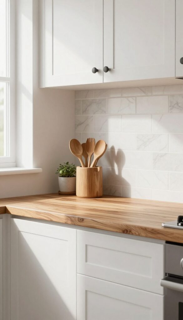 Warm wood accents on kitchen countertops
