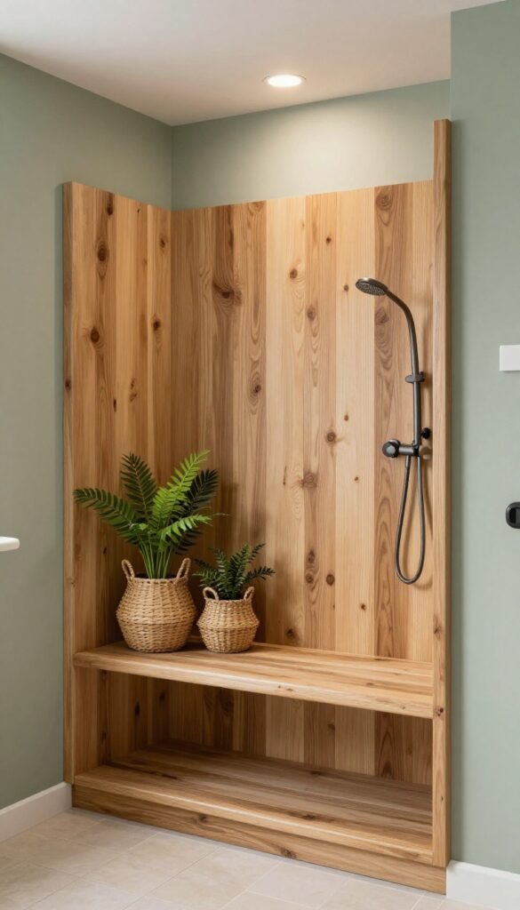 A rustic wooden ledge with integrated storage in a shower, featuring waterproof plants and woven baskets on top, set against earthy-toned tiles under soft natural light.