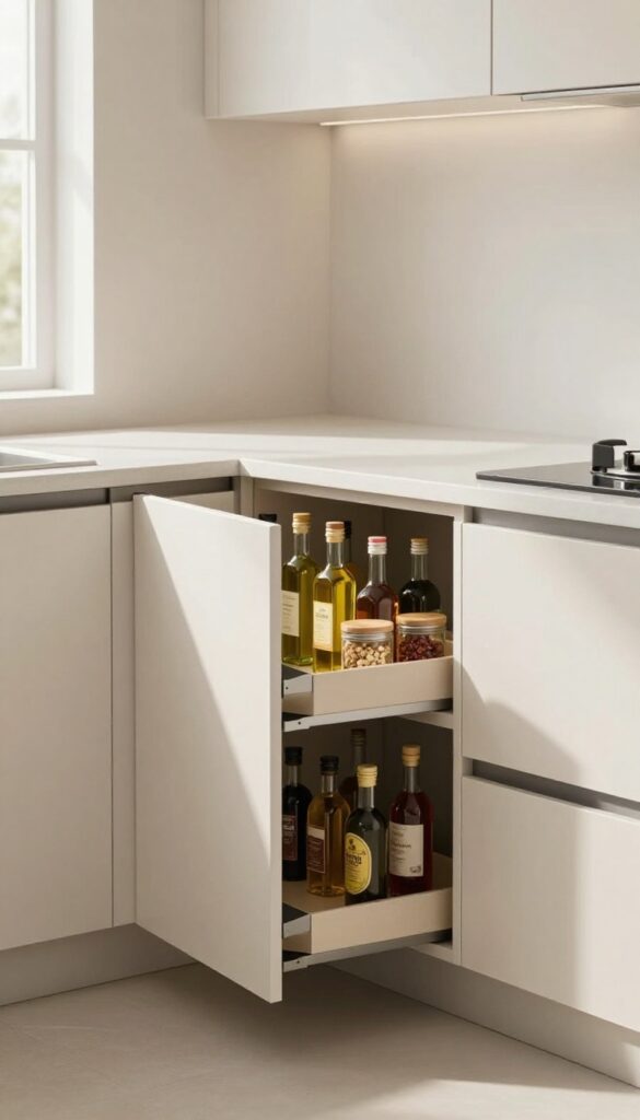 Open corner cabinet with two-tier lazy Susan holding oil and spices in a bright modern kitchen