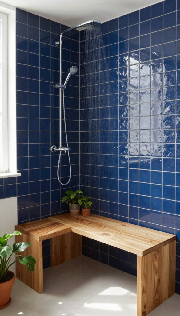 A bright and stylish shower featuring navy blue subway tiles and a wooden bench seat, showcasing a fresh and modern bathroom design with natural light and simple decor.