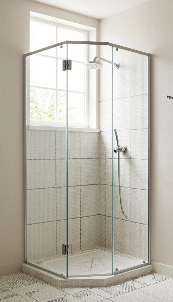 A neo angle shower featuring patterned floor tiles for visual interest, showcasing geometric designs in a modern bathroom setting with natural lighting