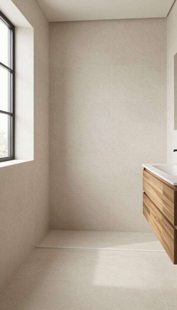 A serene modern bathroom with large beige tiles in a stacked pattern, featuring matte black fixtures and wood accents under natural light.