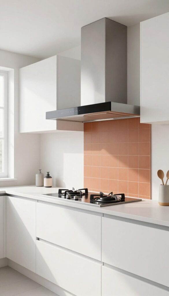 Modern minimalist kitchen with a retracted matte black telescopic vent hood against a warm terracotta backsplash, bright natural light.