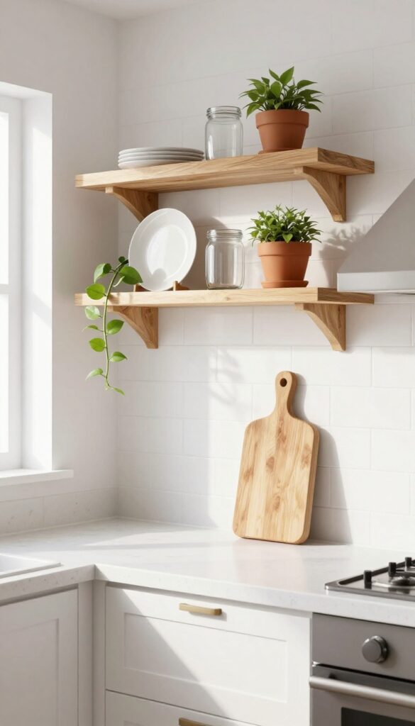 Floating wood shelves in a modern kitchen with white cabinets, displaying white dishes, glass jars, and a trailing plant.