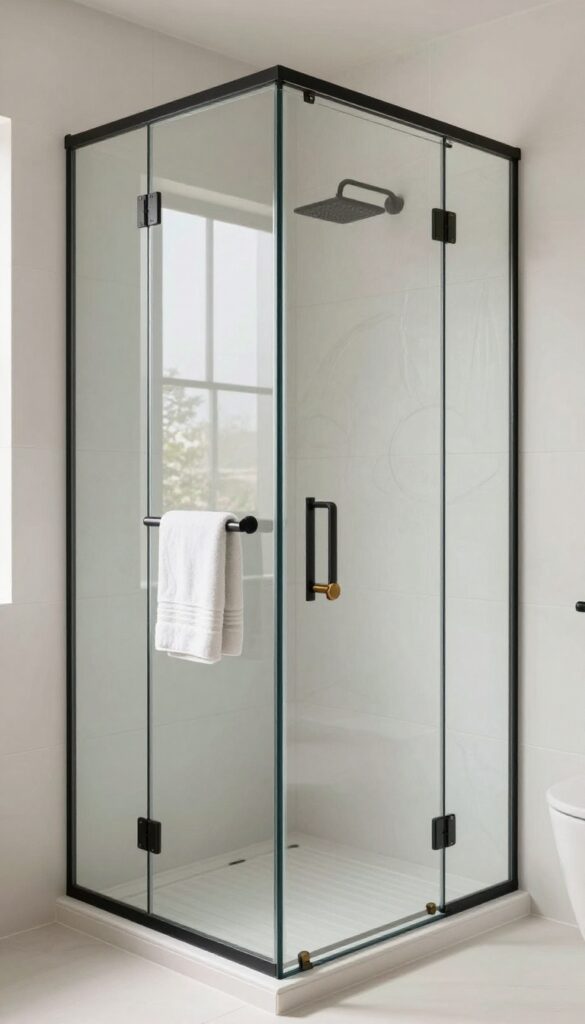 A clear glass shower door with minimal hardware in a small bathroom, highlighting tile work and natural light for a clean, airy look.