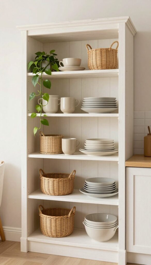 Open shelving with whitewashed wood in a bright kitchen