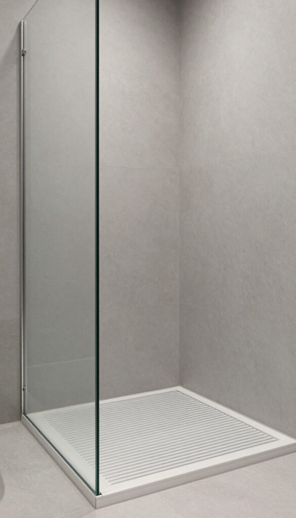 Glass tile shower floor with textured finish for safety and modern elegance in a bright bathroom setting