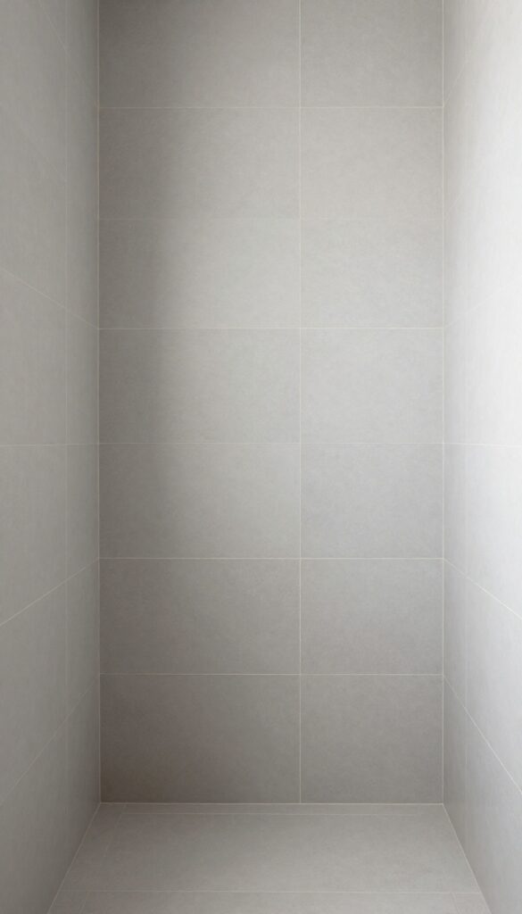 Vertical stacked tiles in a walk-in shower creating a sense of height with soft gray large-format tiles and light grout lines.