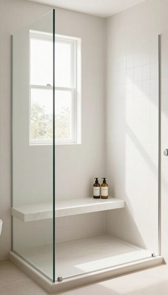A master shower with a built-in bench seating area in natural light, designed for comfort and a spa feel in home decor.