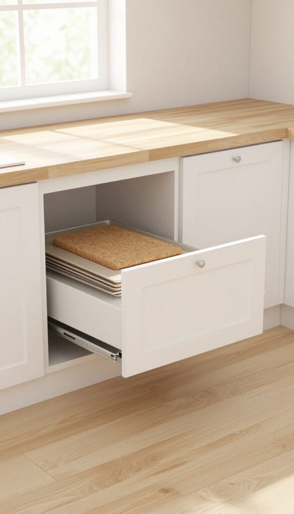 Modern kitchen with toe-kick drawer open showing baking sheets and cutting boards