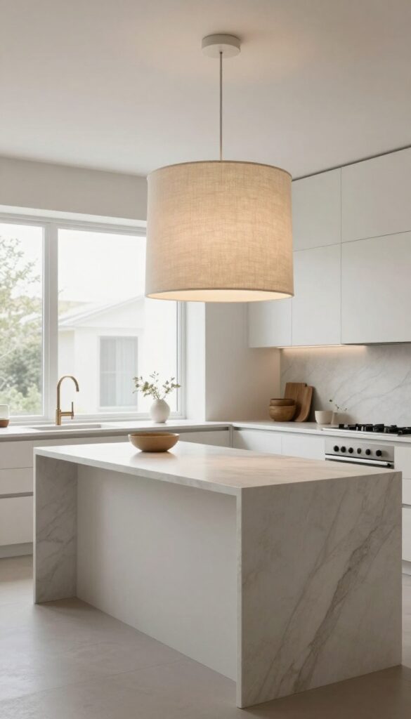 Single large drum shade hanging over kitchen island in modern kitchen